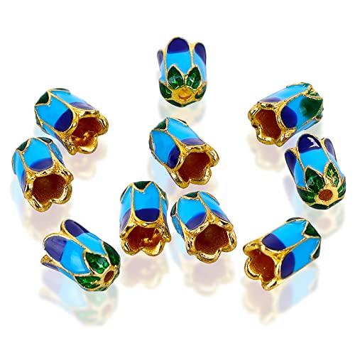 RSZYP 10 stuks bloem glazuur kralen caps, legering losse spacers kralen caps blauw bloemen glazuur kralen charme voor doe-het-zelf ambachtelijke sieraden armband maken (11x8 mm)