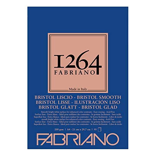 Fabriano Honsell 19100654  Bristol-blok 1264, 4-voudig gelijmd, 200 g/m², DIN A4, 50 vellen wit, extra glad papier, zuurvrij, ideaal voor alle droogtechnieken en lichte nasstechnieken