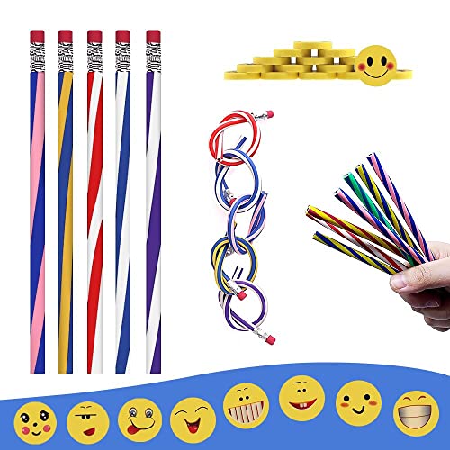 STARTZHA 25 stuks kleurrijke buigzame potloden en 24 stuks emoji smiley vlakgom, buigpotloden, buigzaam Magic buigpotlood voor kinderen, kinderverjaardag educatief speelgoed, ideaal klein cadeau voor kinderen