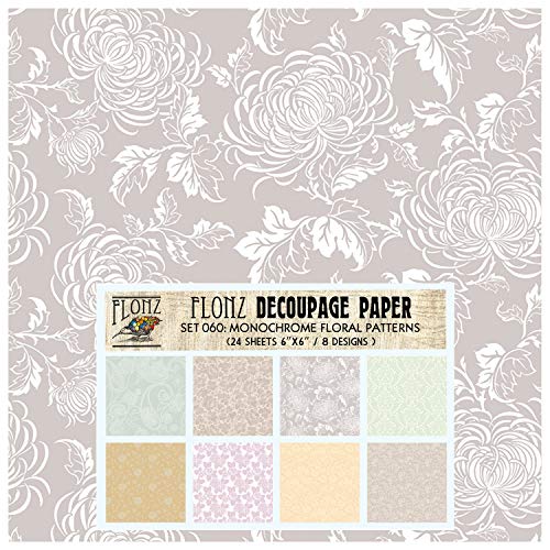 Flonz Decoupage Papieren Pack (24 vellen 6"x6") Monochrome Bloemenpatronen  Vintage Styled Papier voor Decoupage, Craft en Scrapbooking