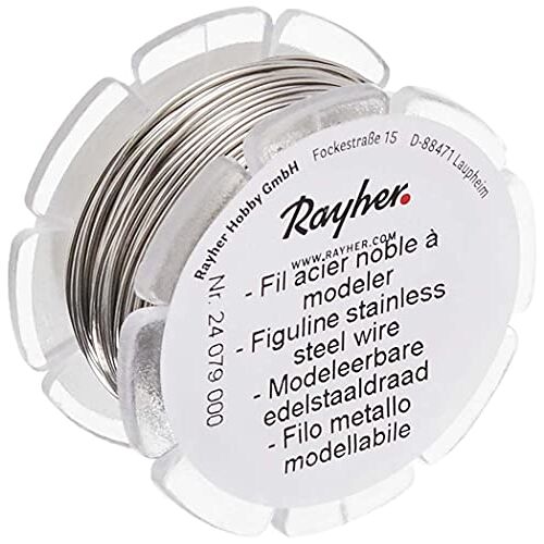 Rayher HOBBY 24079000 Roestvrij staaldraad, modelleerdraad, 0,5 mm ø, spoel 10 m, voor het knutselen en modelleren van sieraden, draadsculpturen, roestvrij