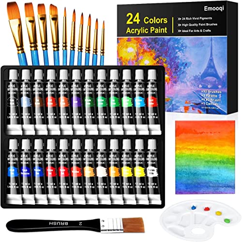 Buluri Set van 37 acrylverf, 24 tube acrylverf met 10 penselen, 1 x canvas, 1 mengpalet, 12 ml acrylverf, set acrylverf voor stenen, papier voor kunstenaars, beginners