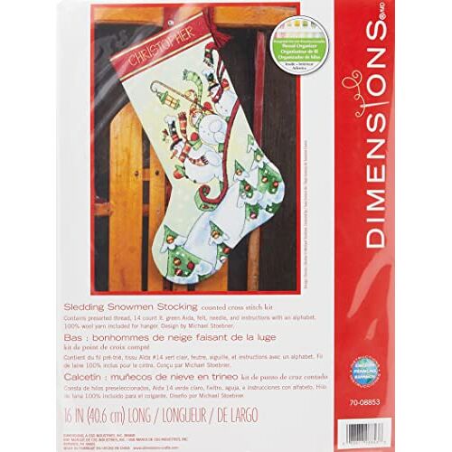 DIMENSIONS D70-08853, kerstkous met rodelende sneeuwpoppen om zelf te borduren