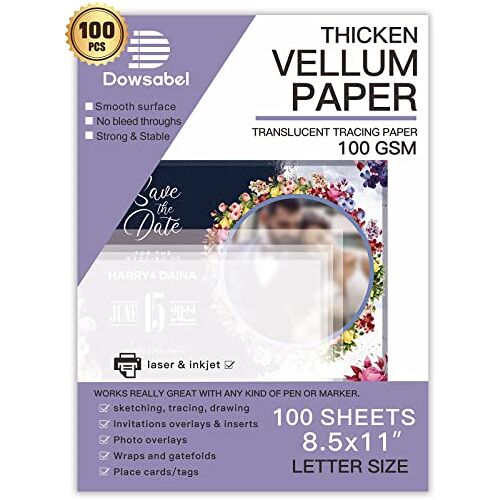 Dowsabel 100 vellen doorschijnend vellum papier,  70 lbs 8,5 x 11 inch afdrukbare vellums voor kaartoverlays, uitnodigingen buikbanden, envelop, lantaarn, 100 vellen