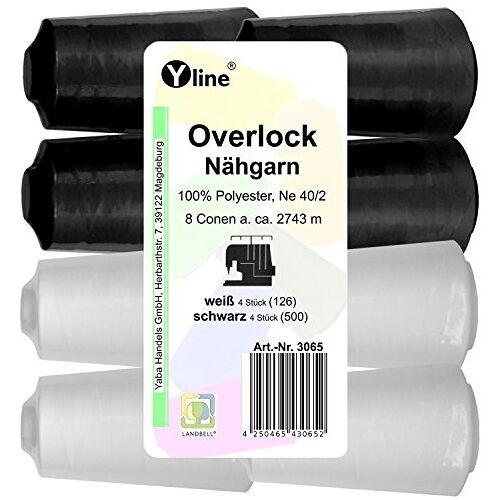 Yline Set 8 stuks spoelen overlock naaigaren, wit & zwart, a. 2743 m, NE 40/2, 100% polyester, naaigaren, naaimachinegaren, 3065