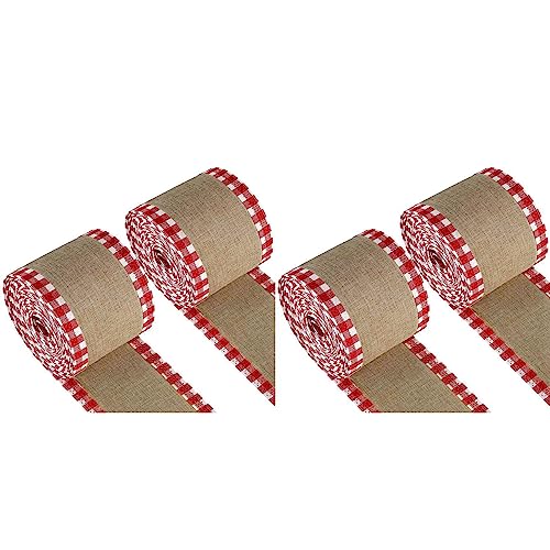 Niniang 4 rollen bedrade randbanden voor Kerstmis, imiteren stoffen verpakkingsrollen met geruite rand