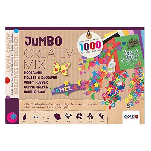 Glorex 6 2245 030 Jumbo schuimrubber creatieve mix, bestaat uit 1000 delen, met schuimrubber platen, letters en cijfers, gestanste delen, knutsellijm, enz. voor creatief knutselen