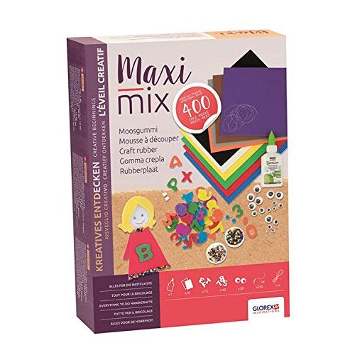 Glorex 6 2245 031 Creativ Maxi Mix schuimrubber, knutselmix bestaande uit 400 delen, met schuimrubberen plaatjes, cijfers en letters, Rocailles, wiebeloogjes en knutsellijm