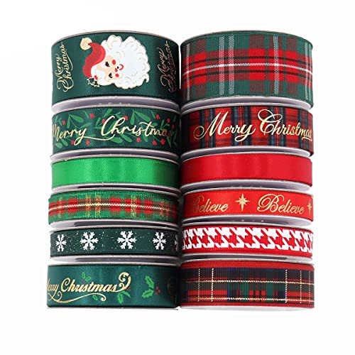 vdha 12 Stuks Kerstlint 5 Meter Kerst Grosgrain Lint, Kerstlint voor Cadeauverpakking Ambachten Doe-Het-Zelf