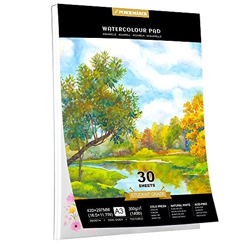 PENCILMARCH Aquarel Papier A3*30 Vellen voor Aquarelpapier, koudgeperst Aquarelblok, 140lb/300gsm Aquarel notitieboek, waterverf notitieboek ideaal voor aquarellentechnieken en schetsen, Aquarelblok