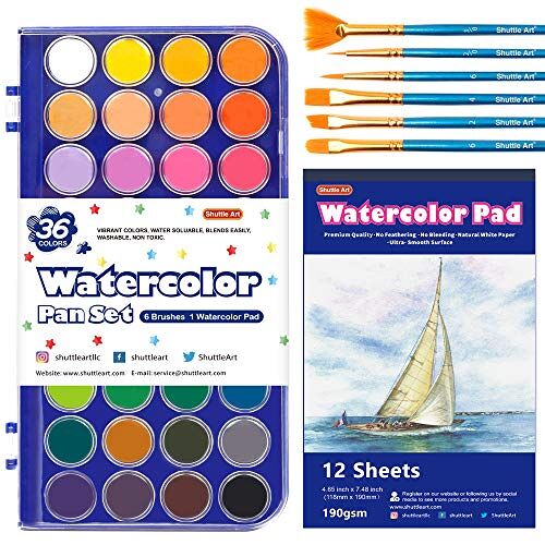 Shuttle Set van 43 aquarelverf, 36 kleuren, aquarelverfpannenset met 6 penselen en 1 aquarelblok voor beginners, kinderen, aquarelverf, kalligrafie