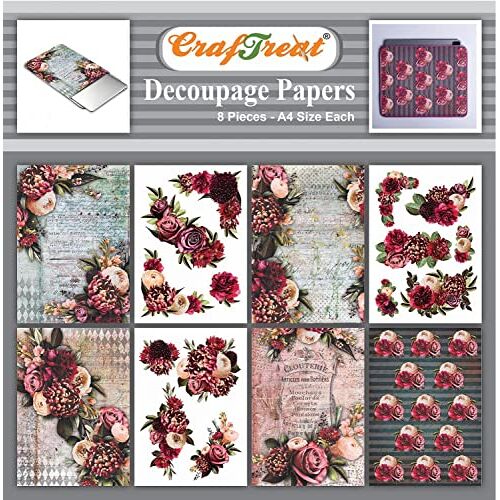 CrafTreat Bloemen decoupage papier voor meubels decoratieve bloemen 4 -Maat: A4 (20,3 x 29,7 cm) 8 stuks -decoupage papier ambachten-decoratief papier voor decoupage-decoupage papier bloemen voor