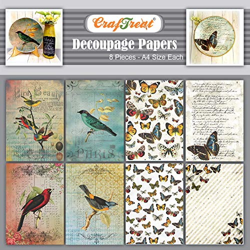 CrafTreat Vogel Decoupage Papier voor Ambachten en Meubels Vogels en Vlinders Maat: A4 (8,3 x 11,7 inch) 8 stuks Vlinder Decoupage Papier voor Scrapbooking Kleurrijke Decoupage Paper Butterfly