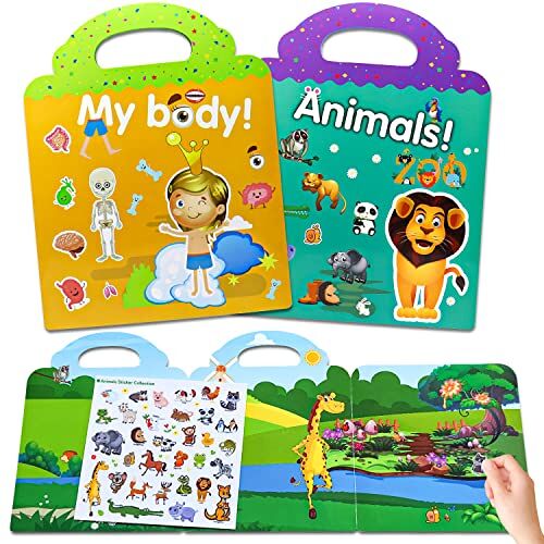 AIRNOGO Herbruikbare stickers voor kinderen, 2 stuks, stickers voor kinderen, mijn lichaam en dieren, stickerboek vanaf 2 jaar, stickerset met creatieve speelscène en stickers, illustraties, stickerboek voor