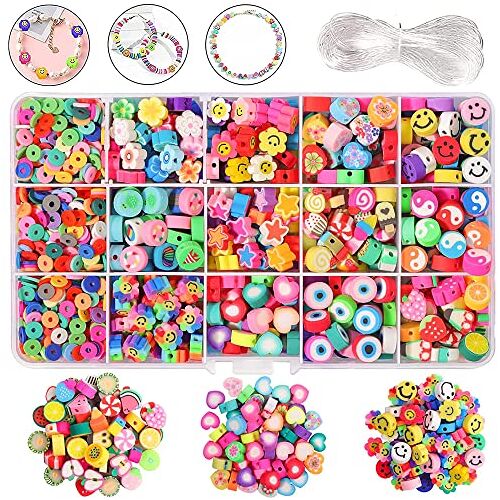 Belugsin 990 Stuks Smiley Kralen Polymeer Klei Kralen Fruit Kralen Kleurrijke Rijgkralen Diy Armbanden Ketting Spacer Kralen Kit Knutselset Voor Armband Haarband Knutselen Voor Het Maken Van Sieraden Armbanden