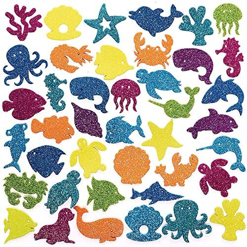 Baker Ross FC777 Sealife Glitter Stickers Set van 150, Zelfklevende Stickers voor Kinderen, Knutselen voor Kinderen, Stickers voor Kinderen