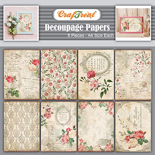 CrafTreat Frans Decoupage papier voor ambachten Franse bloemen 1 en 2 Maat: A4-8 stuks Meubeldecoupage Papier Vintage Frans Bloemen Decoupage Papier voor Hout en Scrapbooking