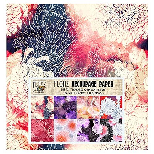 Flonz Decoupage Paper Pack (24 vellen 6"x6") Japanse Chrysant  Vintage Styled Naadloos Patroon Papier voor Decoupage, Craft en Scrapbooking