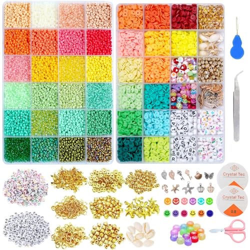 SIAEXOIY 12700 stuks kralenset, om zelf armbanden te maken voor kralenset met 3 mm kleurrijke glaskralen en 6 mm kleikralen, kralen om te rijgen, set voor kinderen, feestdagen, verjaardagen