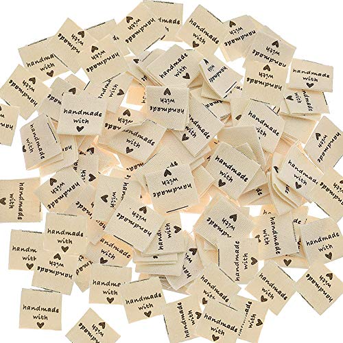 Amacoam Handgemaakte Etiketten voor Naaien Handgemaakte Met Liefde Labels Kleding Labels 100 Stuks Stof Labels Breien Labels Voor Kleding Naaien Kledingstuk Label Decoratie Beige