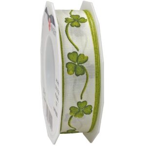 Happiness cadeau 25mm 20m tape met draad - Decoratie, Crème/Groen Happiness cadeau 25mm 20m tape met draad - Decoratie, Crème/Groen
