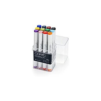 Copic Sketch Marker Starter Set met 12 kleuren in acryl display, professionele penseelstiften op alcoholbasis met een flexibele en een medium brede punt. Copic Sketch Marker Starter Set met 12 kleuren in acryl display, professionele penseelstiften op alcoholbasis met een flexibele en een medium brede punt.