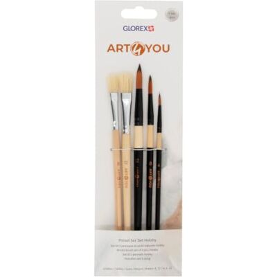 GLOREX Art4You hobbypenselenset, 5-delig Bevat 2 borstel- en 3 ronde penselen voor acryl-, aquarel- en olieverf, artikelnummer 6 1825 042 GLOREX Art4You hobbypenselenset, 5-delig Bevat 2 borstel- en 3 ronde penselen voor acryl-, aquarel- en olieverf, artikelnummer 6 1825 042