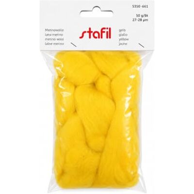 Stafil Merino natuurlijke wol om te vilten 50g 27/28 micron naaldvilt en knutselvilt geel Stafil Merino natuurlijke wol om te vilten 50g 27/28 micron naaldvilt en knutselvilt geel