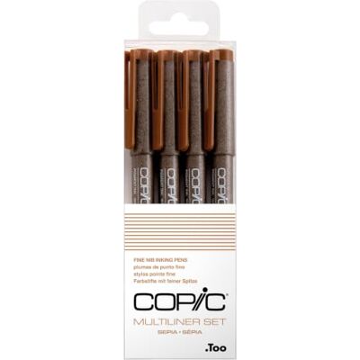 Copic Multiliner Set Sepia, 4 pennen in 4 verschillende lijndikten, tekenpennen met water- en alcoholbestendige pigmentinkt, voor schetsen, illustraties en contouren Copic Multiliner Set Sepia, 4 pennen in 4 verschillende lijndikten, tekenpennen met water- en alcoholbestendige pigmentinkt, voor schetsen, illustraties en contouren