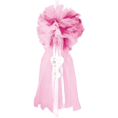 Mareli Strik voor de geboorte met satijnen linten van perkament en applicatie van staarten, roze pompons Mareli Strik voor de geboorte met satijnen linten van perkament en applicatie van staarten, roze pompons