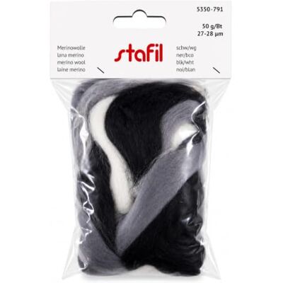 Stafil Merino natuurlijke wol om te vilten 50g 27/28 micron naaldvilt en knutselvilt zwart/wit Stafil Merino natuurlijke wol om te vilten 50g 27/28 micron naaldvilt en knutselvilt zwart/wit