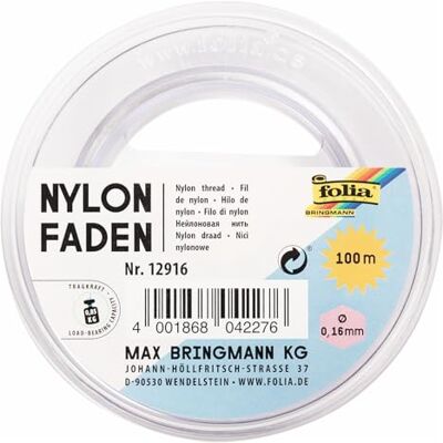 folia 12916 Nylon draad op klosje, transparant, ca. 0,16 mm x 100 m, belastbaar tot 0,85 kg, nauwelijks zichtbaar draad, ideaal voor mobiles, sieraden, decoratie, enz. folia 12916 Nylon draad op klosje, transparant, ca. 0,16 mm x 100 m, belastbaar tot 0,85 kg, nauwelijks zichtbaar draad, ideaal voor mobiles, sieraden, decoratie, enz.