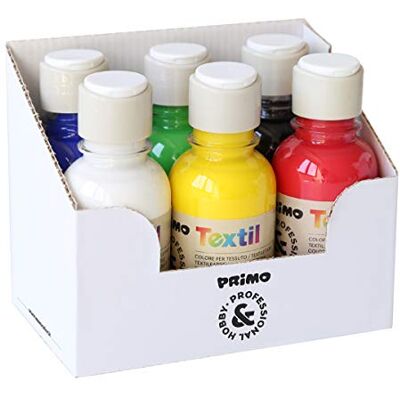 PRIMO Morocolor, 6 acrylverf voor stoffen in 125 ml fles, intens en helder, te verdunnen kleuren, duurzaam, wasbestendig, veilig en conform PRIMO Morocolor, 6 acrylverf voor stoffen in 125 ml fles, intens en helder, te verdunnen kleuren, duurzaam, wasbestendig, veilig en conform