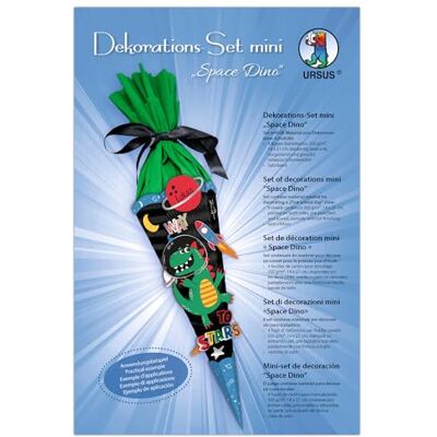 Ursus 990 00 05F Decoratieset mini Space Dino, 4 vellen knutselkarton, aan beide zijden bedrukt, voorgestanst, gegroefd, voor het versieren van een schoolkegel, met satijnen lint Ursus 990 00 05F Decoratieset mini Space Dino, 4 vellen knutselkarton, aan beide zijden bedrukt, voorgestanst, gegroefd, voor het versieren van een schoolkegel, met satijnen lint