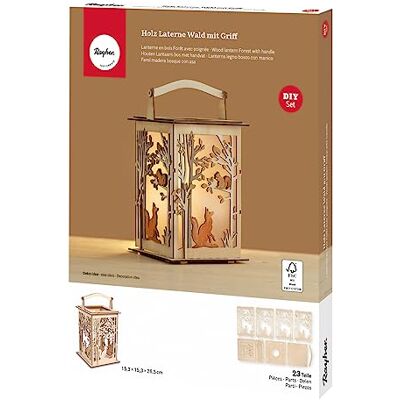 Rayher Houten lantaarn bos, met handvat, 15,3 x 15,3 x 26,5 cm, houten bouwpakket 23-delig, windlicht, voor LED-kaars, lichtketting, hout FSC-gecertificeerd, 64030505, natuur Rayher Houten lantaarn bos, met handvat, 15,3 x 15,3 x 26,5 cm, houten bouwpakket 23-delig, windlicht, voor LED-kaars, lichtketting, hout FSC-gecertificeerd, 64030505, natuur