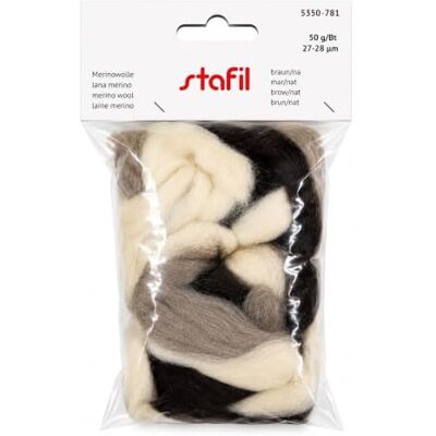 Stafil Merino natuurlijke wol om te vilten 50g 27/28 micron naaldvilt en knutselvilt bruin/naturel Stafil Merino natuurlijke wol om te vilten 50g 27/28 micron naaldvilt en knutselvilt bruin/naturel