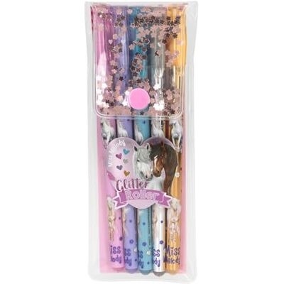 Depesche 13364 Miss Melody Glitter gelpennen in transparant etui, met drukknoopsluiting, 5 pennen in glitterkleuren om te schrijven en te versieren Depesche 13364 Miss Melody Glitter gelpennen in transparant etui, met drukknoopsluiting, 5 pennen in glitterkleuren om te schrijven en te versieren