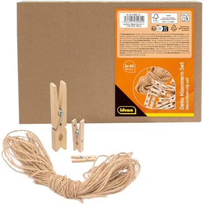 Idena decoratieve klemmen 7,3 cm, 3,5 cm, 2,5 cm, houten, 3 x 40 stuks incl. 20 m koord, klemmen van berkenhout, om mee te knutselen, te beschilderen, als fotohouders, 60080 Idena decoratieve klemmen 7,3 cm, 3,5 cm, 2,5 cm, houten, 3 x 40 stuks incl. 20 m koord, klemmen van berkenhout, om mee te knutselen, te beschilderen, als fotohouders, 60080