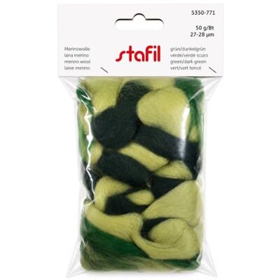 Stafil Merino natuurlijke wol om te vilten, 50 g, 27/28 micron, naaldvilt en knutselvilt, groen/donkergroen Stafil Merino natuurlijke wol om te vilten, 50 g, 27/28 micron, naaldvilt en knutselvilt, groen/donkergroen