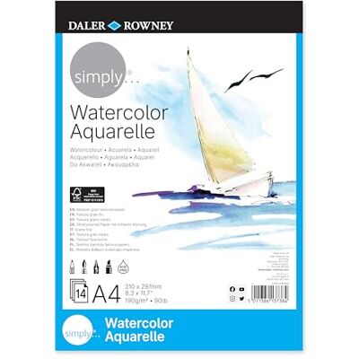 Daler Rowney Daler-Rowney Simply Aquarelpapier, medium korrel, 190 g/m², 1 pagina, A4-21 x 29,7 cm, 14 vellen Daler Rowney Daler-Rowney Simply Aquarelpapier, medium korrel, 190 g/m², 1 pagina, A4-21 x 29,7 cm, 14 vellen