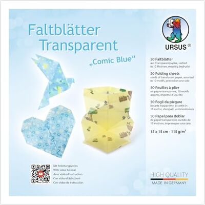 Ursus 3806 55 16 Vouwbladen transparant "Comic Blue", 50 stuks, 15 x 15 cm, 115 g/m² transparant papier in 10 designs, aan één zijde bedrukt, vouwpapier voor knutselen, DIY & decoratie Ursus 3806 55 16 Vouwbladen transparant "Comic Blue", 50 stuks, 15 x 15 cm, 115 g/m² transparant papier in 10 designs, aan één zijde bedrukt, vouwpapier voor knutselen, DIY & decoratie