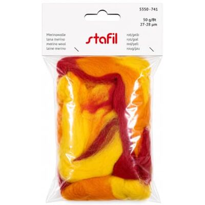 Stafil Merino natuurlijke wol om te vilten 50g 27/28 micron naaldvilt en knutselvilt rood/geel Stafil Merino natuurlijke wol om te vilten 50g 27/28 micron naaldvilt en knutselvilt rood/geel
