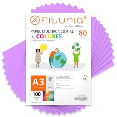 OFITURIA Kleurpapier, verpakking met 100 vellen A3, 80 g, kleurrijk papier voor knutselwerk, printer, scrapbooking, ideaal voor Origami, Papyroflexia, kantoor en school (paars, 100 h) OFITURIA Kleurpapier, verpakking met 100 vellen A3, 80 g, kleurrijk papier voor knutselwerk, printer, scrapbooking, ideaal voor Origami, Papyroflexia, kantoor en school (paars, 100 h)