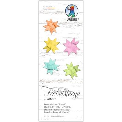 Ursus 3509 00 99 Fröbel sterren "Pastel", 130 g/m² van tekenpapier van klei, 80 vouwstroken, formaat 1 x 50 cm, Ø 4,3 cm, 5 kleuren, met knutselhandleiding, zelfmaakpapier om te vouwen Ursus 3509 00 99 Fröbel sterren "Pastel", 130 g/m² van tekenpapier van klei, 80 vouwstroken, formaat 1 x 50 cm, Ø 4,3 cm, 5 kleuren, met knutselhandleiding, zelfmaakpapier om te vouwen