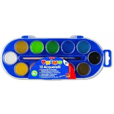 PRIMO Aquarelverf voor kinderen met 12 kleuren + 3 jaar aquarelverf diameter 30 mm + 1 aquarelpenseel + 1 witte aquarelpenseelset voor schilderen, schilderen en creatief knutselen PRIMO Aquarelverf voor kinderen met 12 kleuren + 3 jaar aquarelverf diameter 30 mm + 1 aquarelpenseel + 1 witte aquarelpenseelset voor schilderen, schilderen en creatief knutselen