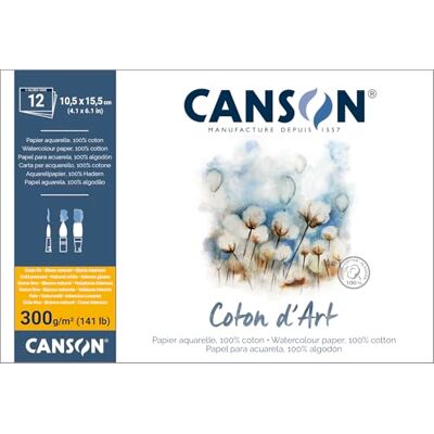 Canson Coton D'Art Aquarelpapier, fijnkorrelig, 300 g/m², blok gelijmd aan de lange zijde, 10,5 x 15,5 cm, natuurlijk wit, 12 vellen Canson Coton D'Art Aquarelpapier, fijnkorrelig, 300 g/m², blok gelijmd aan de lange zijde, 10,5 x 15,5 cm, natuurlijk wit, 12 vellen