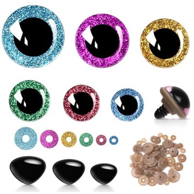 Elalove 90 stuks 12-30 mm veiligheidsogen, kleurrijke glitter-knoopogen met veiligheidsneus en sluitringen, kunststof ogen om te knutselen, poppen maken en pluche dier Elalove 90 stuks 12-30 mm veiligheidsogen, kleurrijke glitter-knoopogen met veiligheidsneus en sluitringen, kunststof ogen om te knutselen, poppen maken en pluche dier