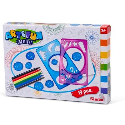 SIMBA Art and Fun Set schildersjablonen, 2 sjablonen, 7 sjablonenwielen, 4 x papier, 6 markers, vanaf 3 jaar SIMBA Art and Fun Set schildersjablonen, 2 sjablonen, 7 sjablonenwielen, 4 x papier, 6 markers, vanaf 3 jaar