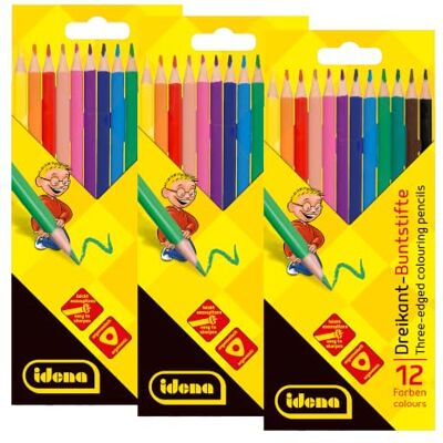 Idena 90515-3 pakjes kleurpotloden in 12 kleuren, houtvrije kleurpotloden in ergonomische driehoekige vorm, verpakt in kartonnen doosje Idena 90515-3 pakjes kleurpotloden in 12 kleuren, houtvrije kleurpotloden in ergonomische driehoekige vorm, verpakt in kartonnen doosje