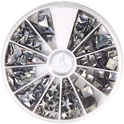 Rayher Hobby 38643606 Hotfix metalen klinknagels, zilver, 2,5-10 mm, vormmix, 12 vormen, zelfklevende klinknagels in ronde sorteerdoos met vakken, in totaal 420 klinknagels Rayher Hobby 38643606 Hotfix metalen klinknagels, zilver, 2,5-10 mm, vormmix, 12 vormen, zelfklevende klinknagels in ronde sorteerdoos met vakken, in totaal 420 klinknagels